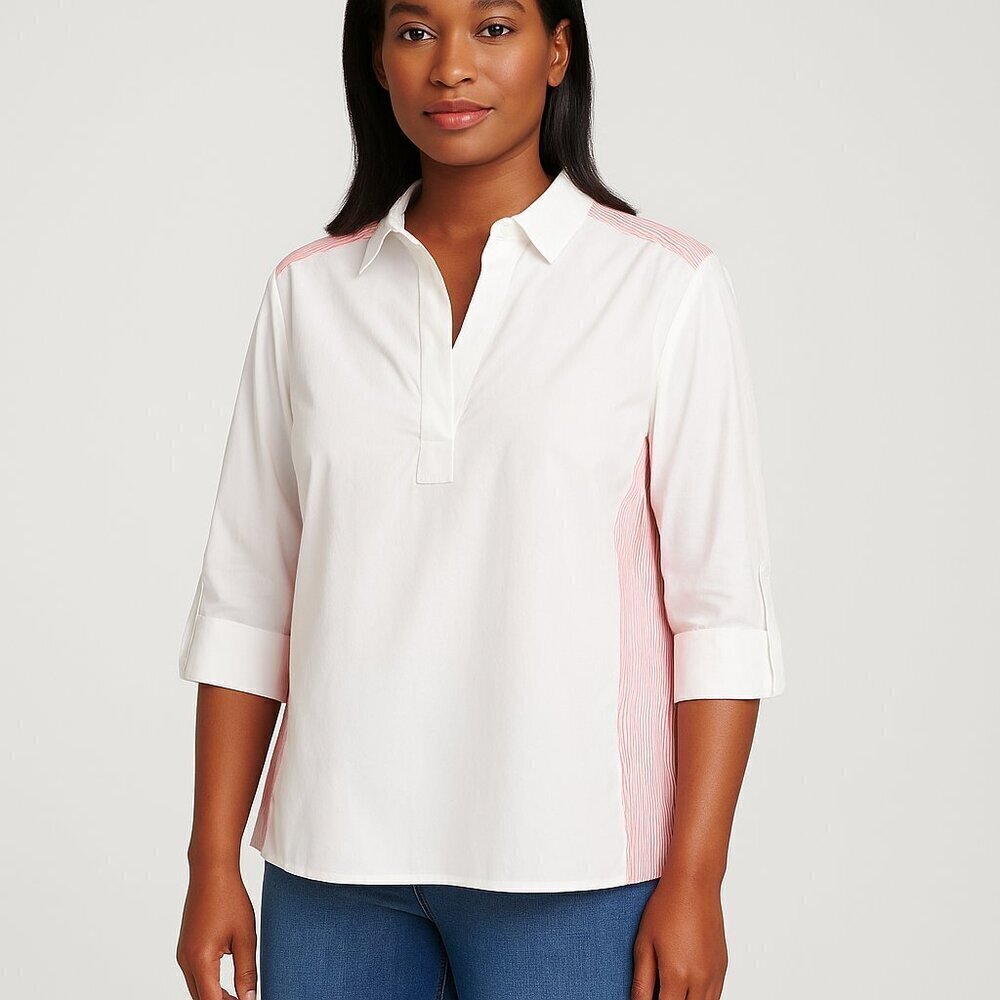 Zac & Rachel White Popover Top with Red Stripe Back & Roll Sleeves Medium